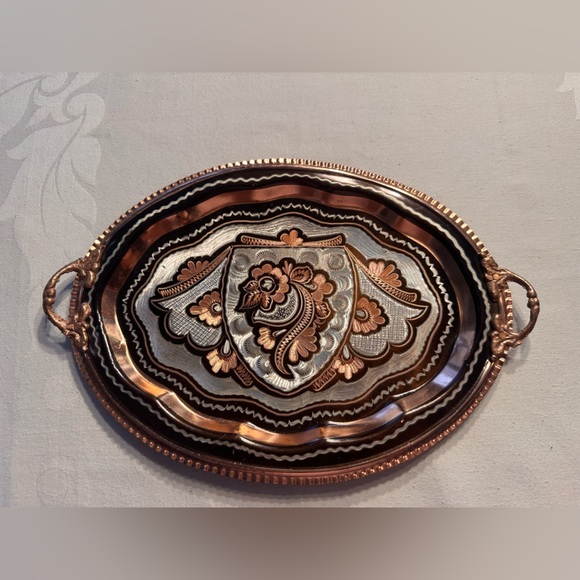 Ornate Handcrafted Turkish Copper and Silver Tea Tray w/Inlay